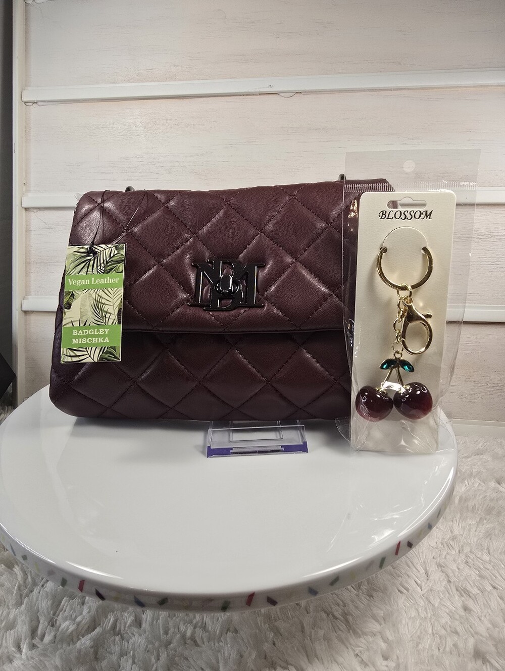 Badgley Mischka Quilted Vegan Leather Crossbody  & card holder- Deep Burgundy